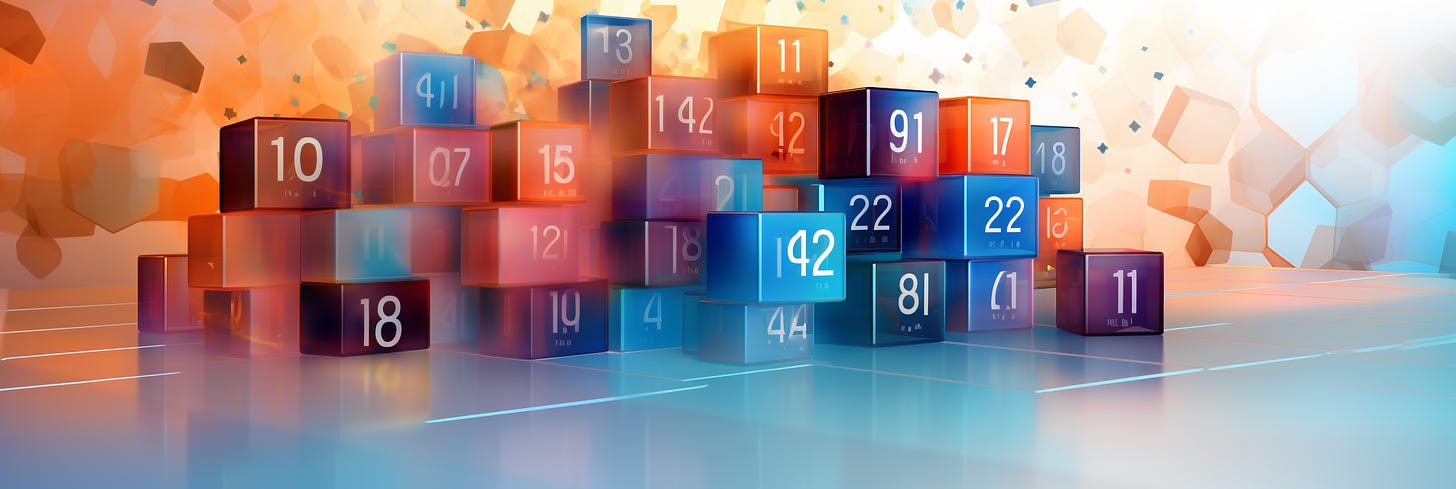 The image is a vibrant, abstract representation of data visualization, where a series of translucent, colored cubes with numbers on their surfaces are stacked in a seemingly random fashion. The background transitions from a warm, orange glow to a cooler blue tone, suggesting a spectrum of temperatures or activity levels. The cubes could symbolize numerical data or elements of a complex system, with their varying opacities and sizes perhaps indicating different values or intensities. The scene is set against a futuristic grid, giving the impression of a digital interface or an analytical space where this data could be manipulated or observed. The overall effect is one of dynamic interaction and digital sophistication.
