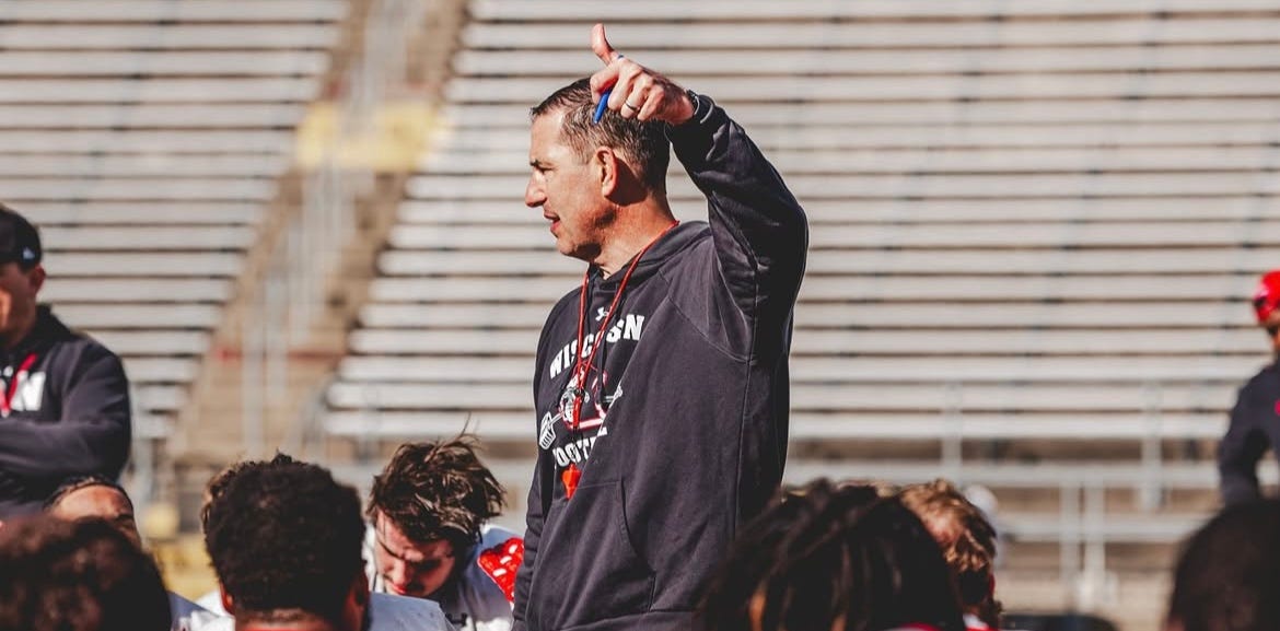 Wisconsin Badgers head coach Luke Fickell addresses the team at spring football practice