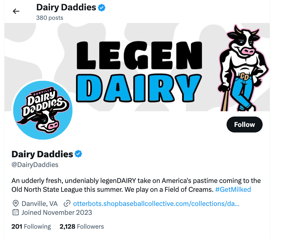 A Twitter bio featuring a buff cow mascot wearing faded jeans and a DD belt buckls 