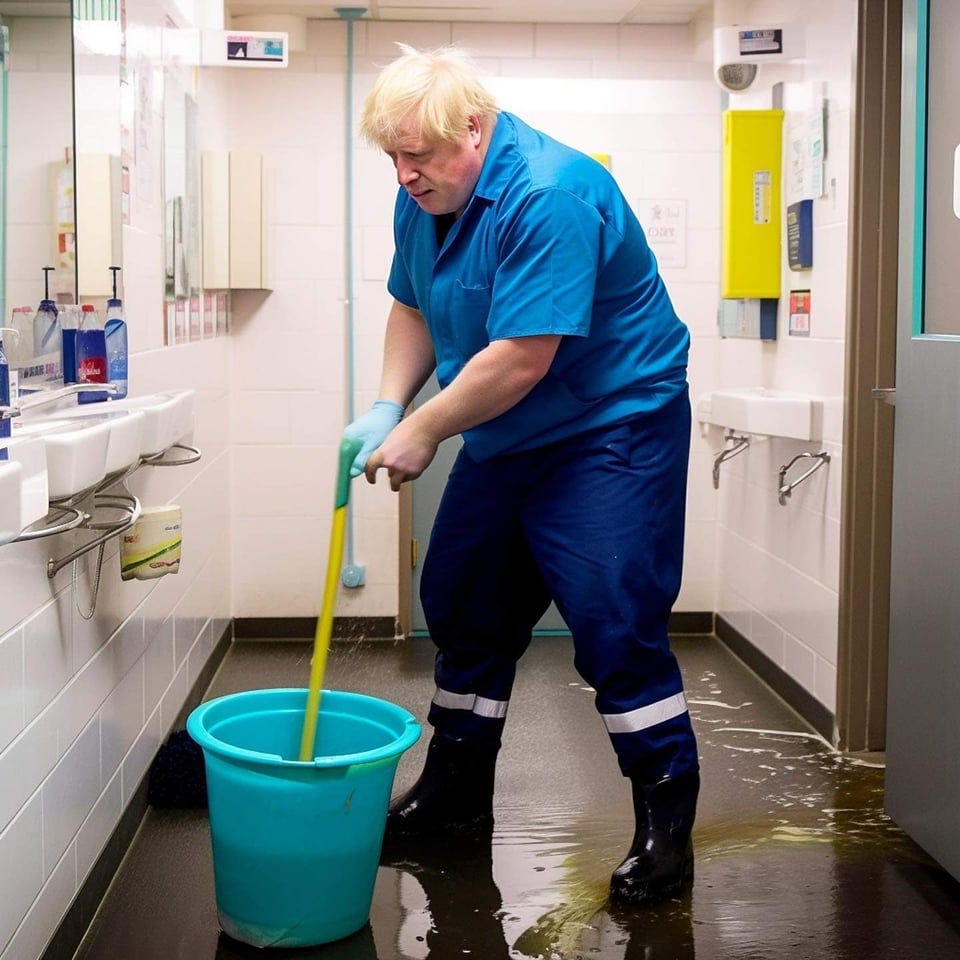 r/GreenAndPleasant - An AI was asked to depict Tories without their wealth and privilege. Image shows Boris Johnson rendered as a toilet attendant wearing blue overalls mopping a dirty floor