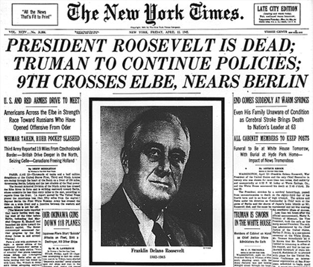 New York Times headline announcing FDR's death