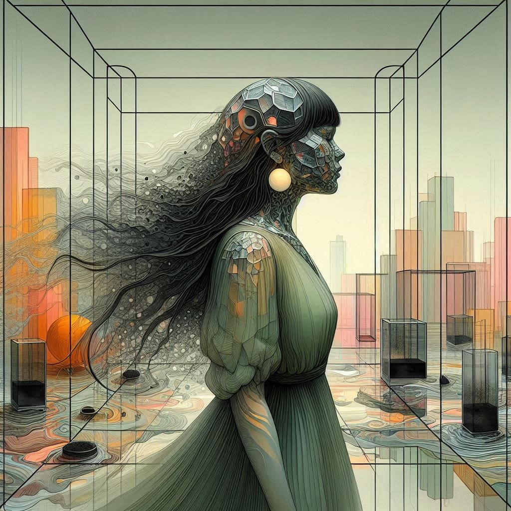 inside glass structure; 5d angle glass embedded Altgeld hall building/ Broken into fragments/ woman; in front of  Altgeld hall in olive, chartrues, dress /collar made of black water in resin/long black hair falling into her face. coral orange, pink, cream, olive address/earrings made of moons aglow/ reverberating waves. black hole in floor/ water in resin verdigris./ standing on stage/ In the style of Michael Parkes. black etching/ black linework/ white tiger / black sky 