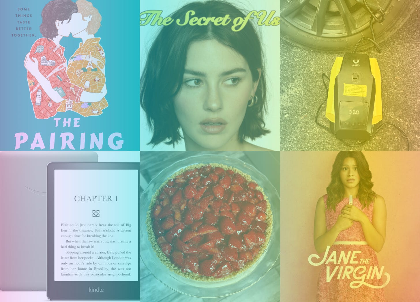 A rainbow-filtered grid of six images, from top left going clockwise: the book cover of The Pairing, the Gracie Abrams album cover for The Secret of Us, a photo of a tire air machine, a product photo of a Kindle Paperwhite, a strawberry pie, and a promotional image for the TV show Jane the Virgin