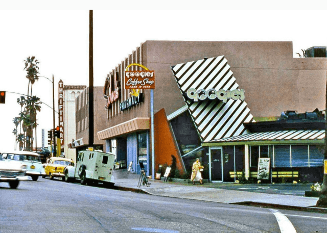 Southeast corner of Sunset Blvd and Crescent Heights Blvd showing Schwab's Pharmacy and Googie's coffee shop, Los Angeles, circa late 1950s