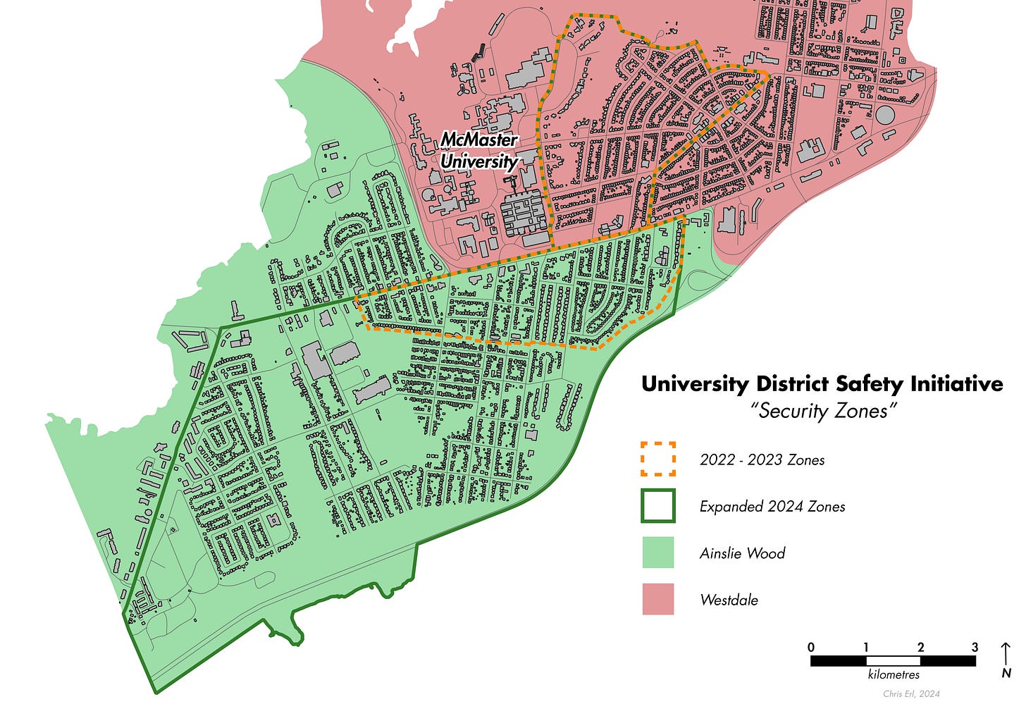 Map of the west Hamilton University District Safety Initiative security zones covering Ainslie Wood and Westdale.