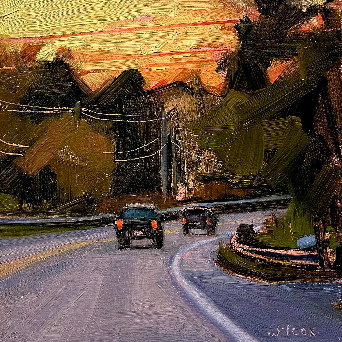 A painting of cars driving on a road

Description automatically generated