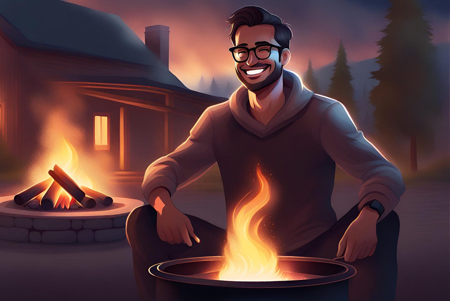 Illustration of a smiling man sitting next to a fire pit