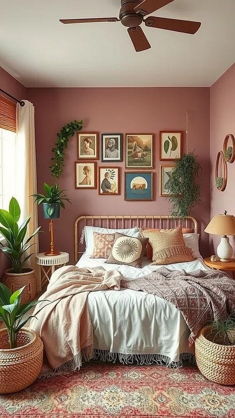 This may contain: a bed room with a neatly made bed and lots of plants