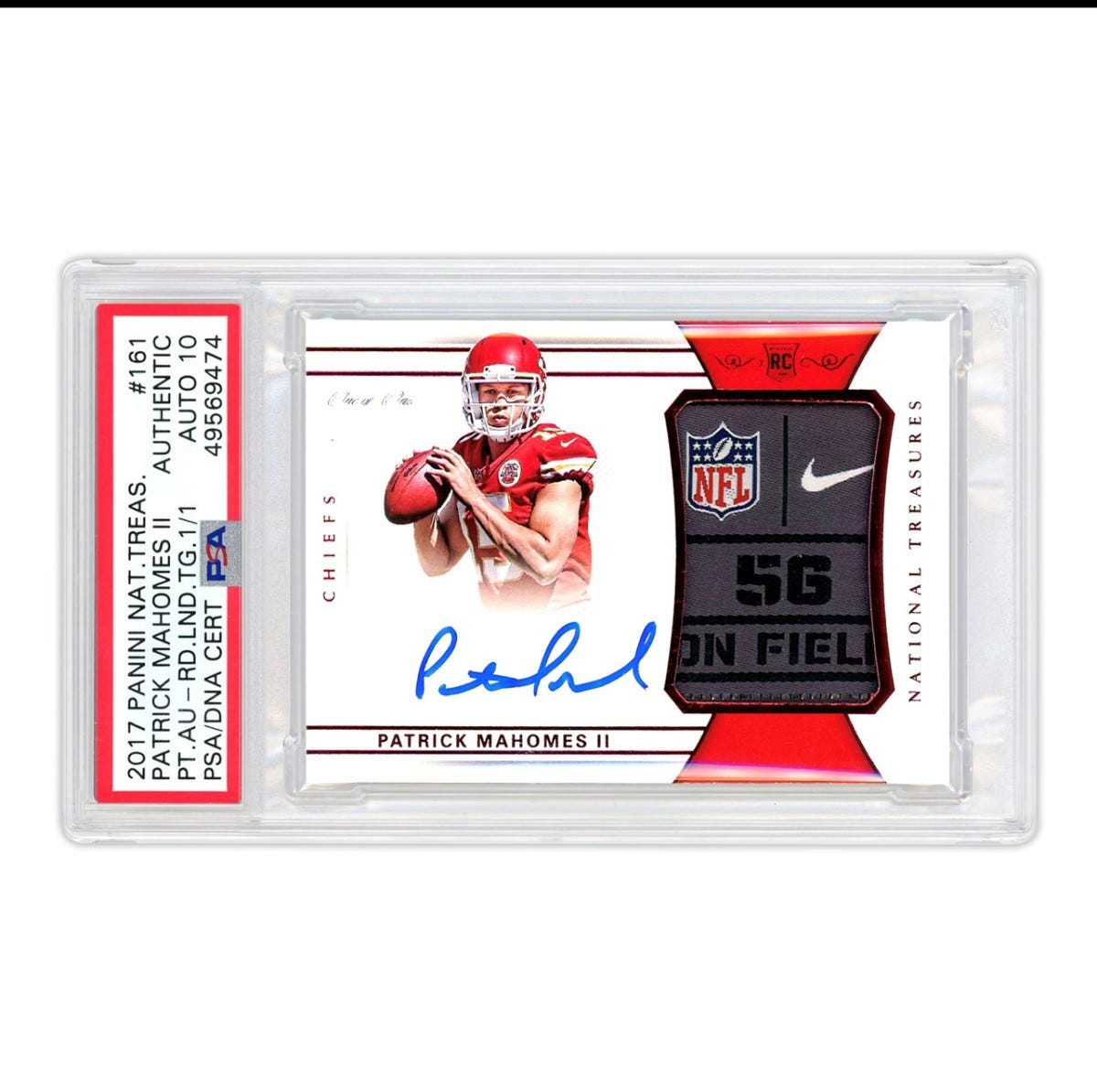 A 2017 National Treasures Patrick Mahomes 1/1 rookie card being offered to investors by Collectable