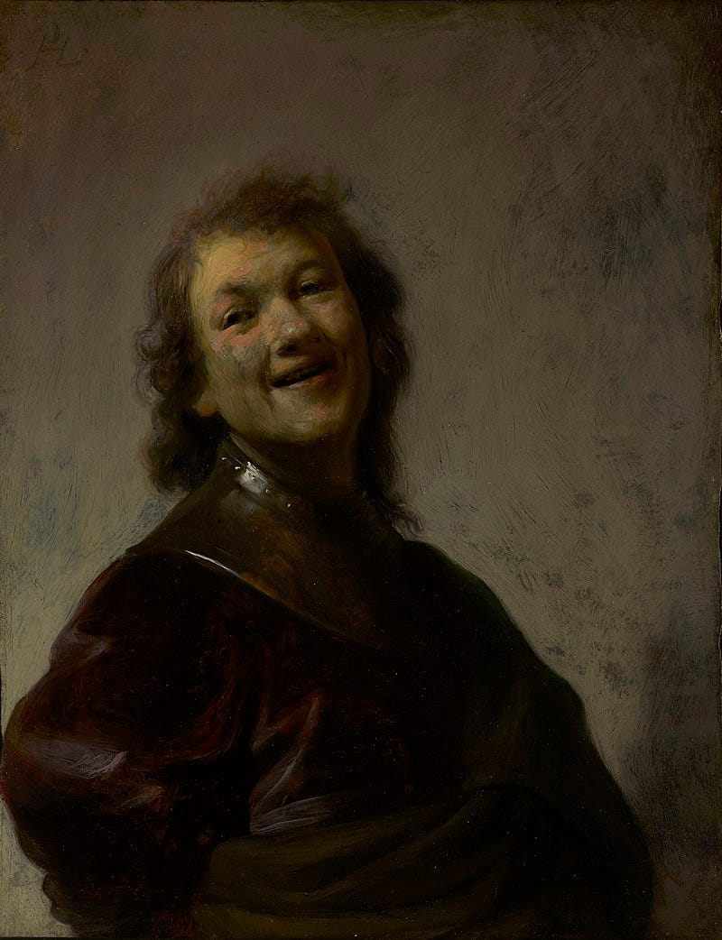 A more cheerful pose painted on copper. Rembrandt Laughing, c. 1628, re-discovered in 2008,[19] J. Paul Getty Museum, Los Angeles