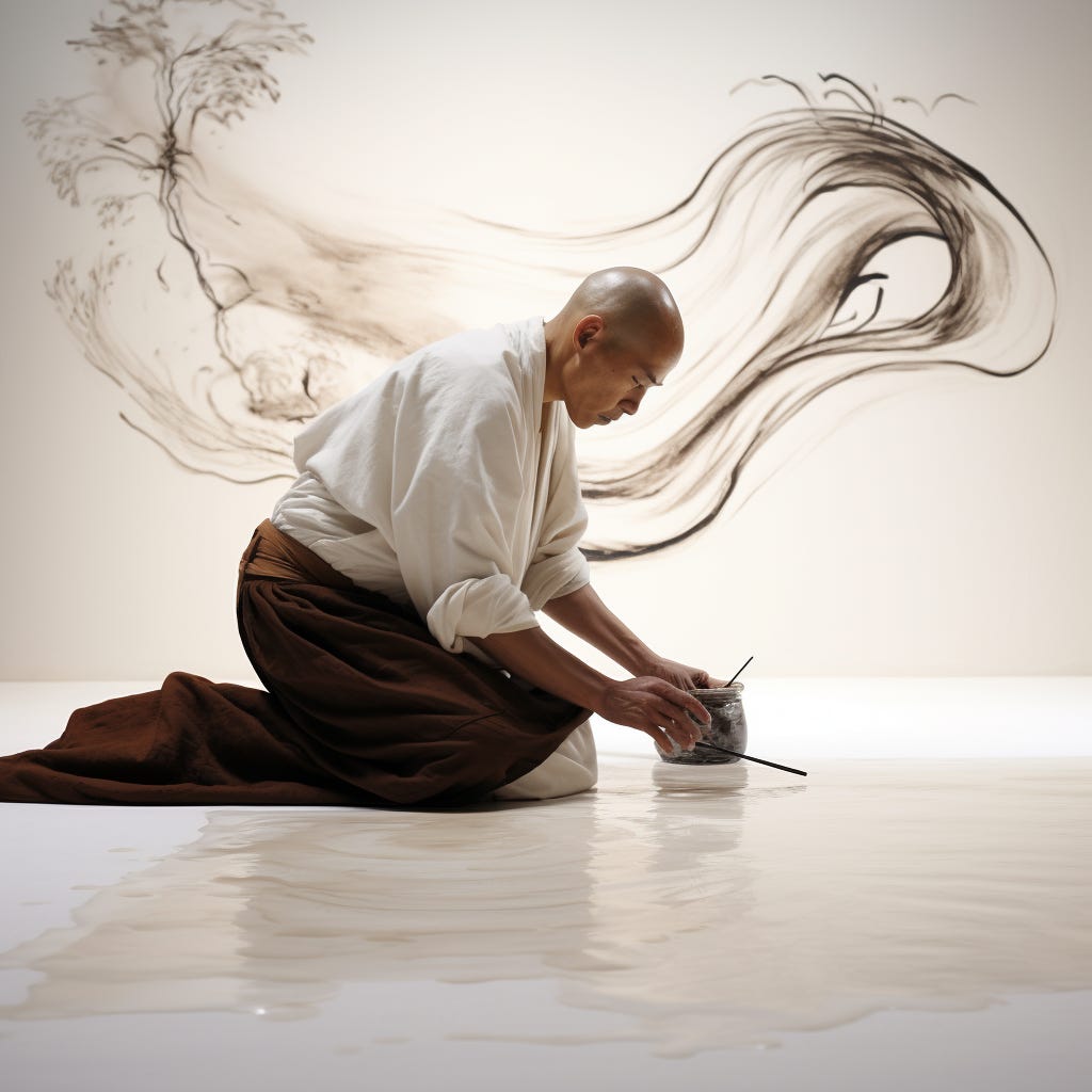 a zen monk preparing to paint a swirl with mindfulness--we can see his clear intention in the gentle swirl on the wall