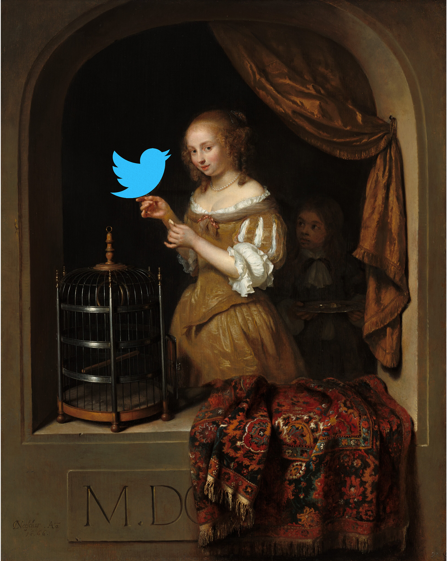 Caspar Netscher's painting "A woman feeding a parrot, with a page" edited with the Twitter logo in place of the bird