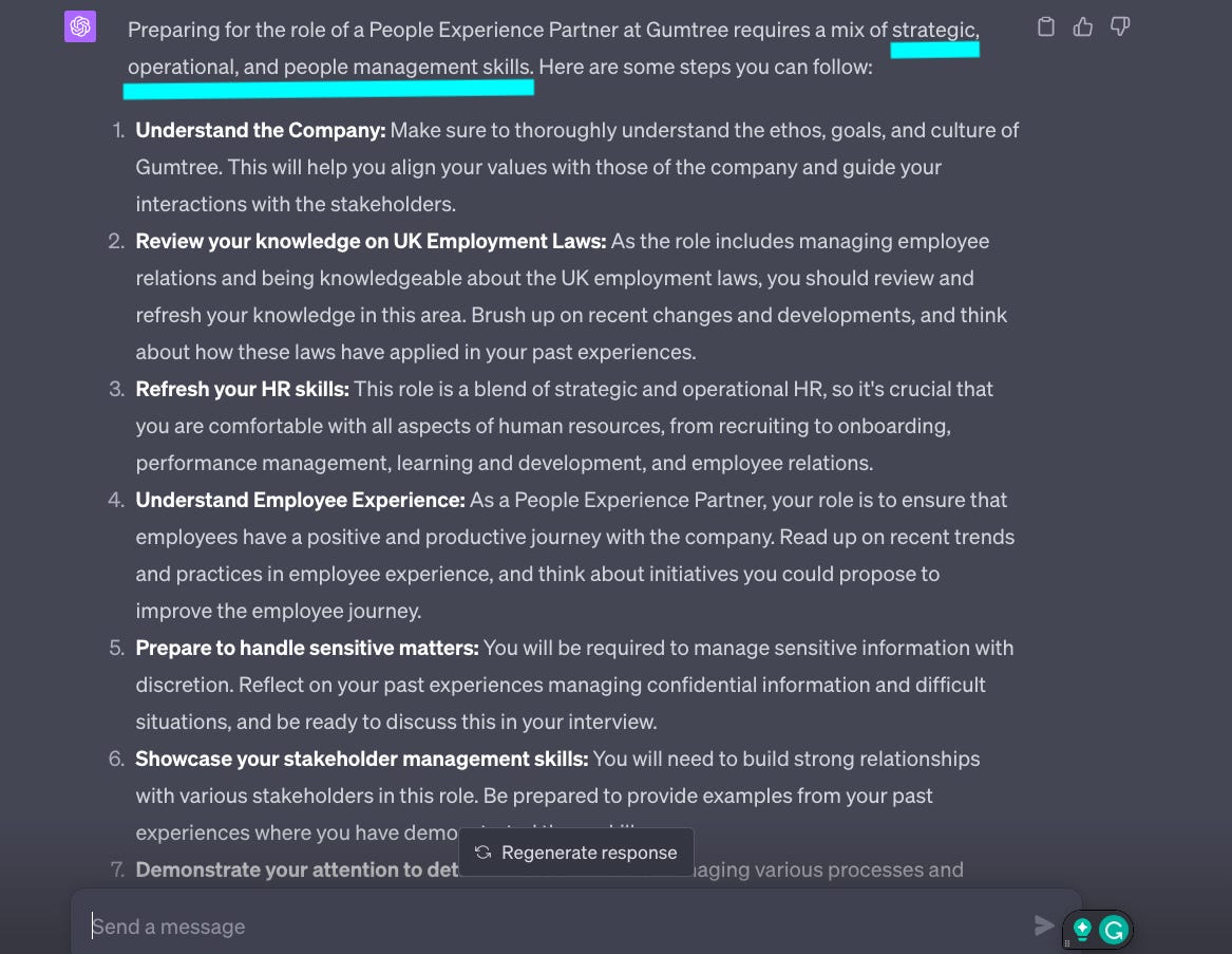 Screenshot of Chat GPT conversation. Highlighting key areas to prepare for a job