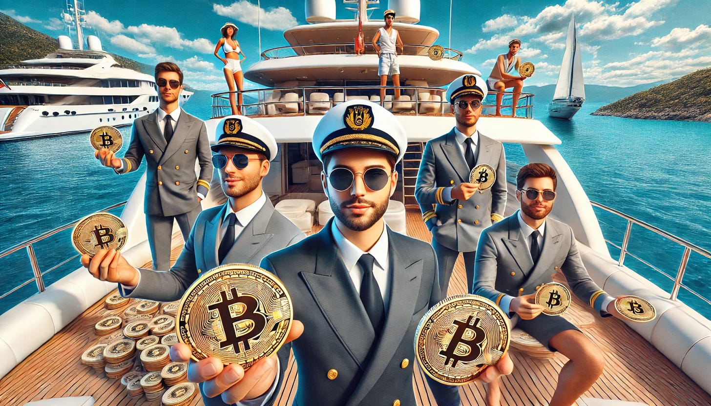 A realistic image of a yacht crew on a luxurious yacht in a picturesque setting. The crew members, wearing professional yacht uniforms, are holding Bitcoin coins or tokens with a sense of pride and excitement. The scene captures the opulence of the yacht and the lifestyle, with a bright blue sea and clear skies in the background. The Bitcoin tokens are prominent but blend naturally into the scene, symbolizing wealth and luxury without exaggeration. The crew's expressions are confident and subtly greedy, emphasizing success and affluence.