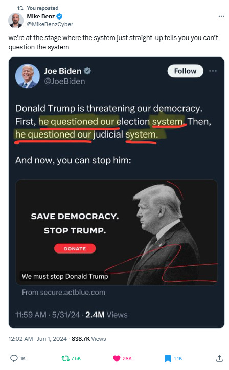 Mike Benz tweet responding to Joe Biden's message that asking questions is forbidden in "our democracy."