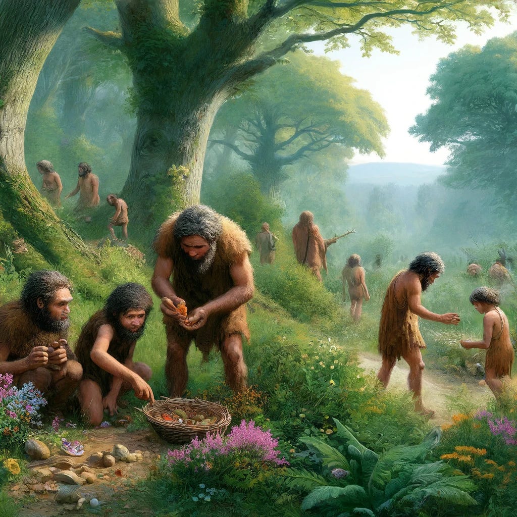 A prehistoric landscape with early hominids teaching their children how to forage. The scene depicts a group of early humans, with adults showing children how to pick berries and dig for roots. The setting is lush, filled with dense greenery, ancient trees, and patches of colorful wildflowers. The hominids have slightly hairy bodies, prominent brow ridges, and are dressed in simple animal skins. The atmosphere is nurturing and educational, capturing a moment of interaction and learning in the natural world.