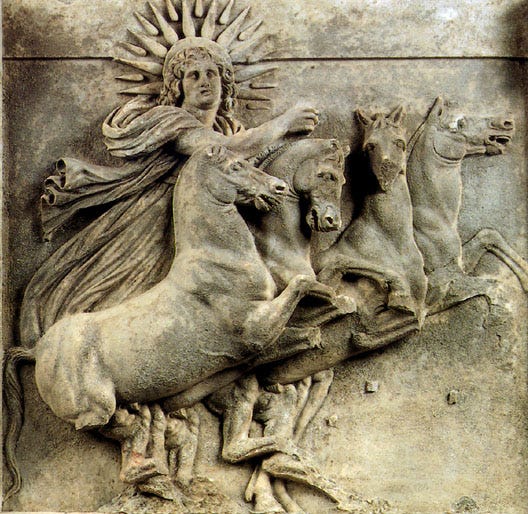 A carving depicting Helios riding in a chariot.