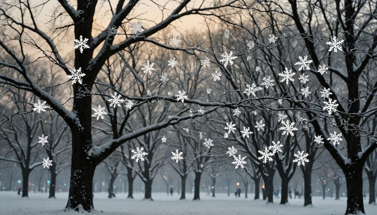 Snowflakes falling in the woods