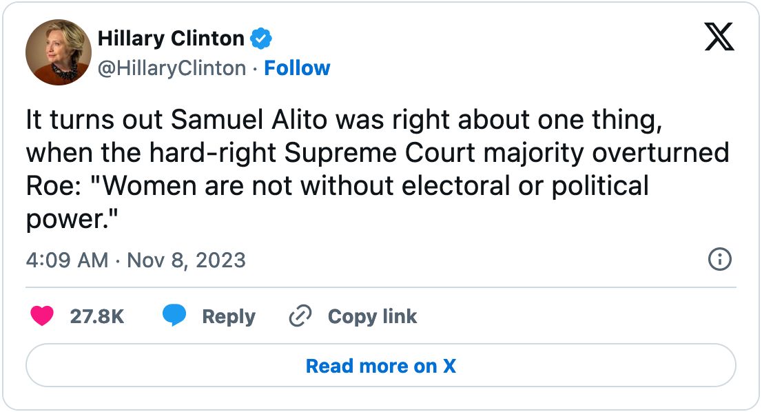 November 8, 2023 tweet from Hillary Clinton reading, "It turns out Samuel Alito was right about one thing, when the hard-right Supreme Court majority overturned Roe: 'Women are not without electoral or political power.'"
