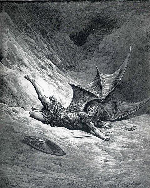 Satan Shown as the Fallen Angel after Having Been Smitten - Gustave Dore