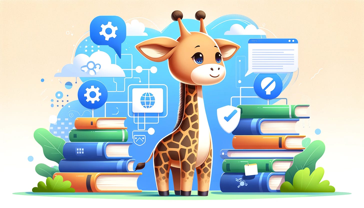 A cartoon-style illustration of a giraffe character, symbolizing the successful completion of a tech career guide. The giraffe is portrayed standing tall and confident, surrounded by abstract elements related to technology and learning. The scene captures a sense of achievement and growth, with no specific text or indication of 'final thoughts'. The illustration maintains the whimsical and engaging style of the previous animal character images, with a balanced color palette that conveys a sense of accomplishment in the tech industry.