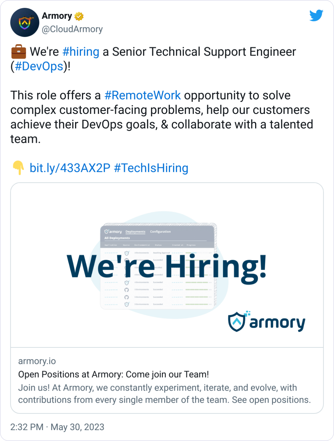 Armory @CloudArmory 💼 We're #hiring a Senior Technical Support Engineer (#DevOps)!  This role offers a #RemoteWork opportunity to solve complex customer-facing problems, help our customers achieve their DevOps goals, & collaborate with a talented team.  👇 https://bit.ly/433AX2P #TechIsHiring