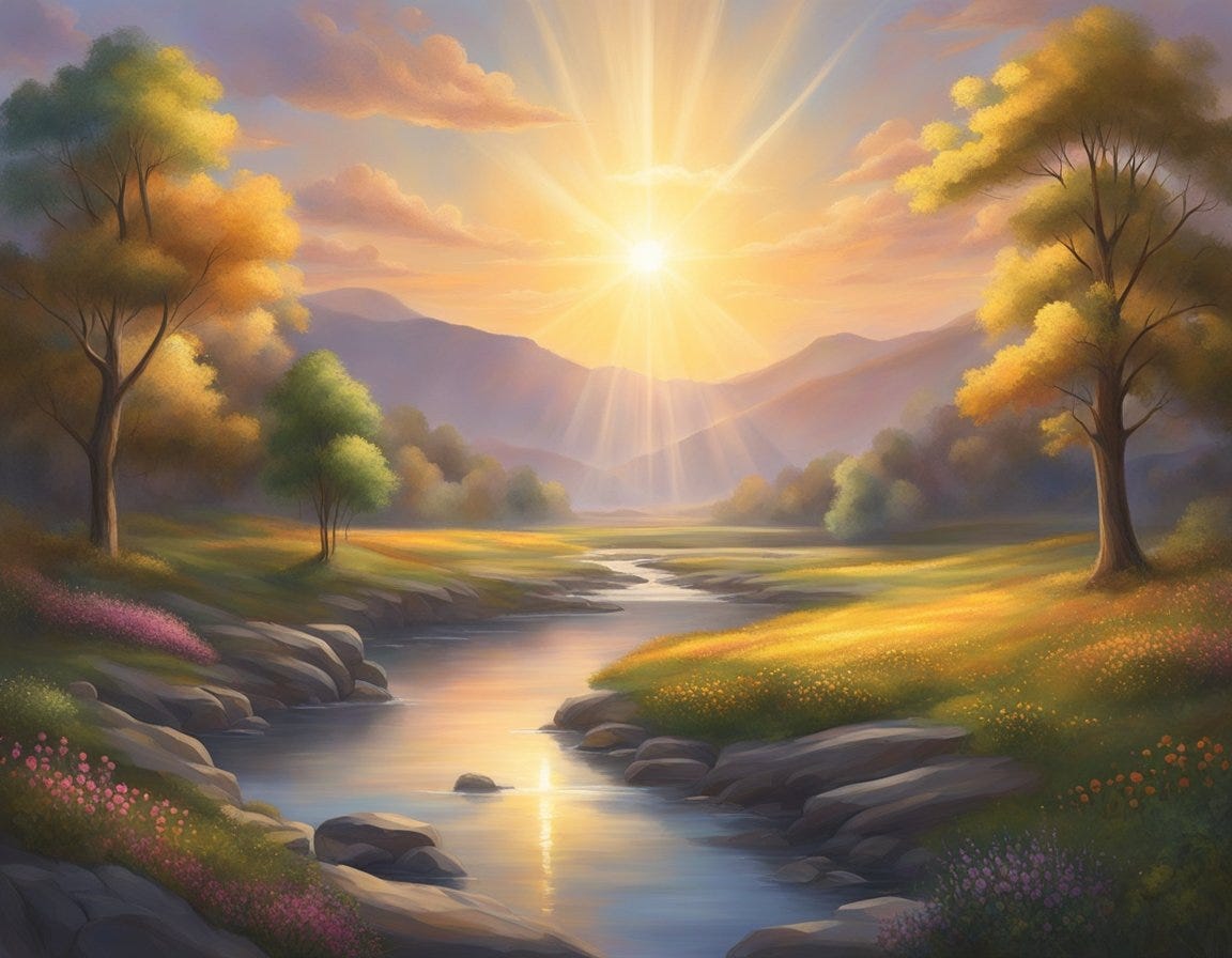 A radiant light descends from the heavens, enveloping the earth in a warm and comforting embrace. The landscape flourishes with vibrant colors and life, as if touched by an unseen hand of love