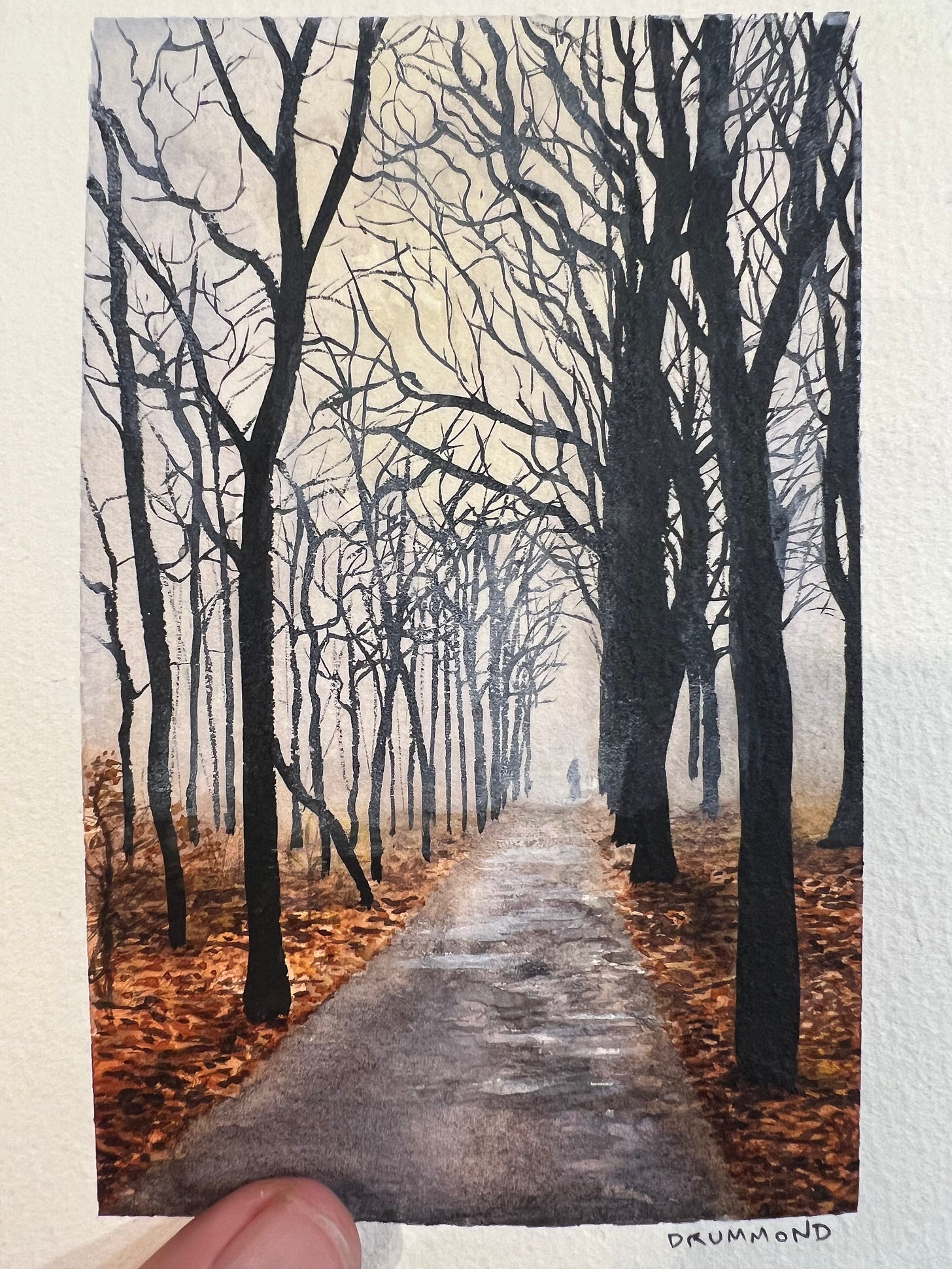 A watercolour painting of a tree-lined bike path in autumn. A cyclist is visible in the distance as a dark blob of some kind.