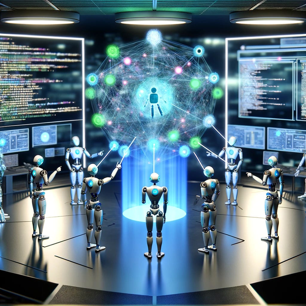 Imagine a futuristic scene inside a large, open-concept laboratory filled with advanced technology. In the center, a group of humanoid robots are gathered around a holographic display that projects a complex, interconnected network of nodes and data streams, symbolizing a shared knowledge representation. These robots are actively engaging with the hologram, pointing at specific nodes, and exchanging digital data through beams of light connecting their heads. Each robot represents a different AI language model, and they are working together to analyze and solve a complex task. The environment is filled with screens displaying code, charts, and 3D models, emphasizing the collaborative effort and the cutting-edge nature of their task. The lighting is dynamic, with shades of blue and green highlighting the technology and the holographic display.