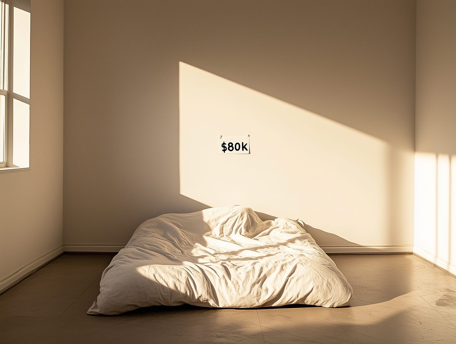 A barren bedroom with a bed on the floor and a note tacked on the wall that reads "$80k."