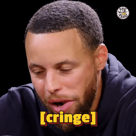 Basketball player Steph Curry shaking his head and cringing, the word cringe in large yellow text across the screen