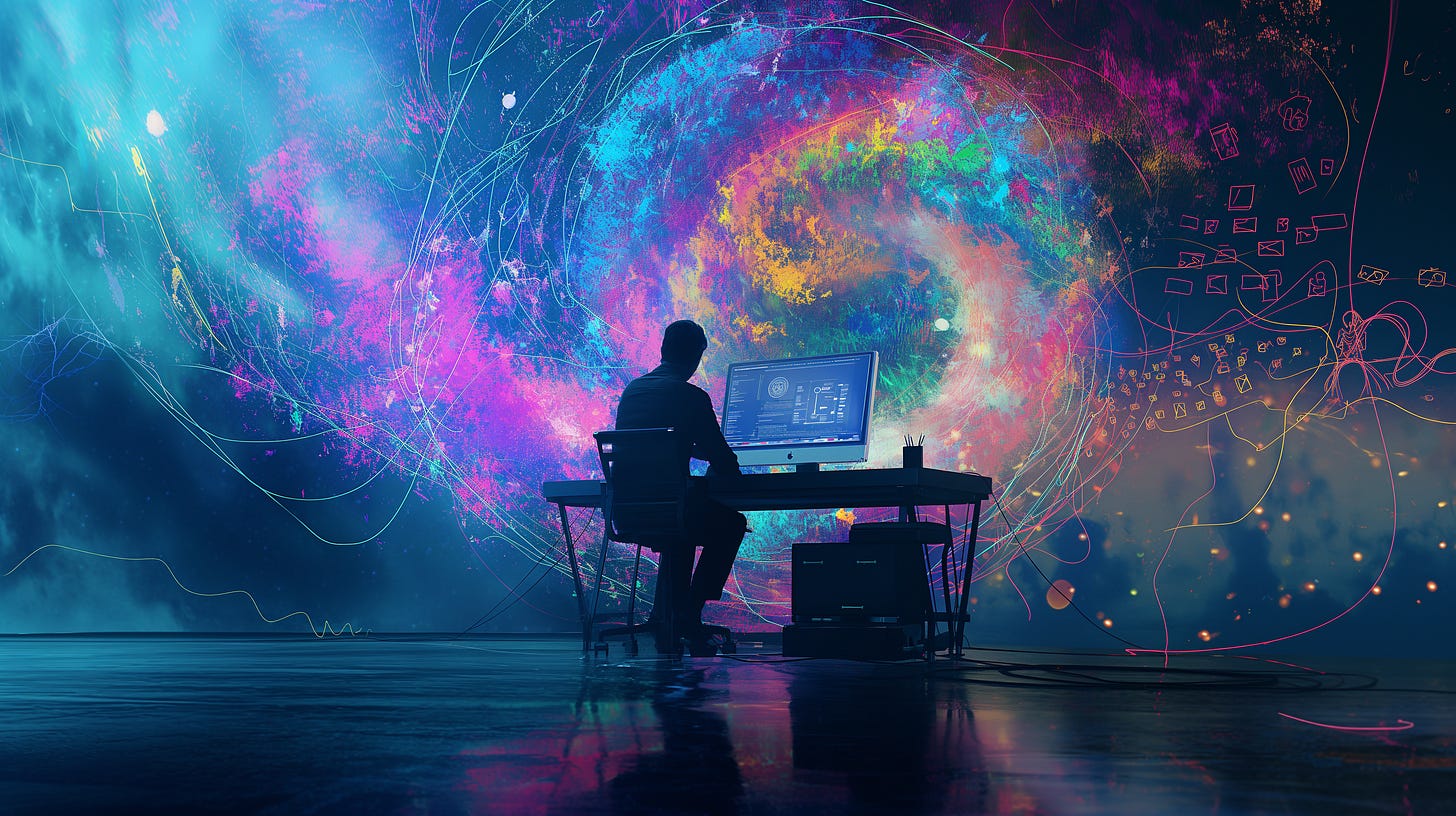 A person sits at a computer in front of a nebula of light and swirling shapes