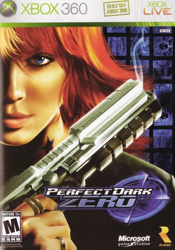 A scan of the box art for the Xbox 360 edition of Perfect Dark Zero, featuring Joanna Dark and her very blue left eye staring out at the player, whole holding a smoking MagSec9 pistol.