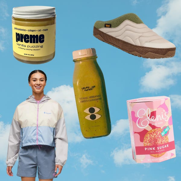preme pudding, a teva shoe, green goddess salad dressing, pink sugar cookies, and a rain jacket on a cloud background