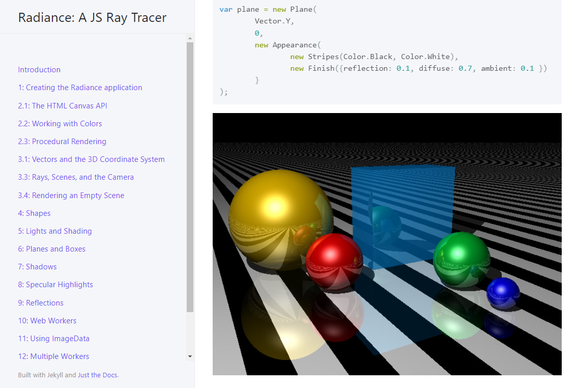 A screenshot from a web page, showing a table of contents, a JavaScript code snippet, and a rendered photograph of coloured spheres on a plane. It's very shiny.