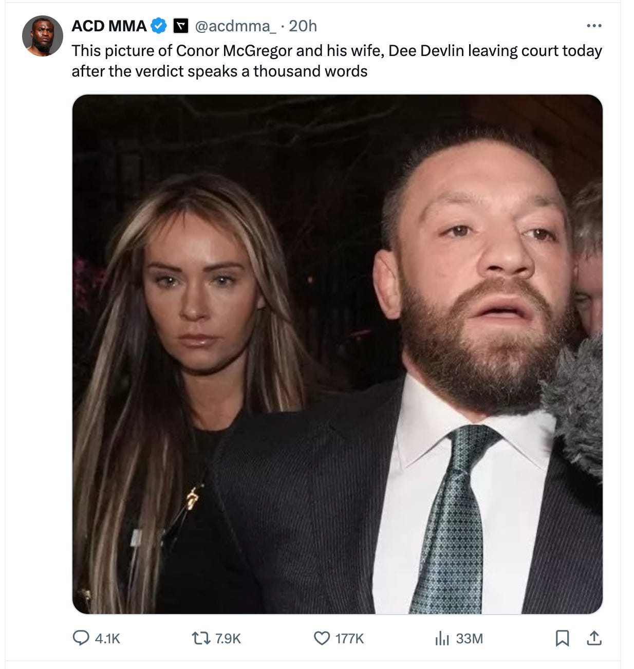 This picture of Conor McGregor and his wife, Dee Devlin leaving court today after the verdict speaks a thousand words