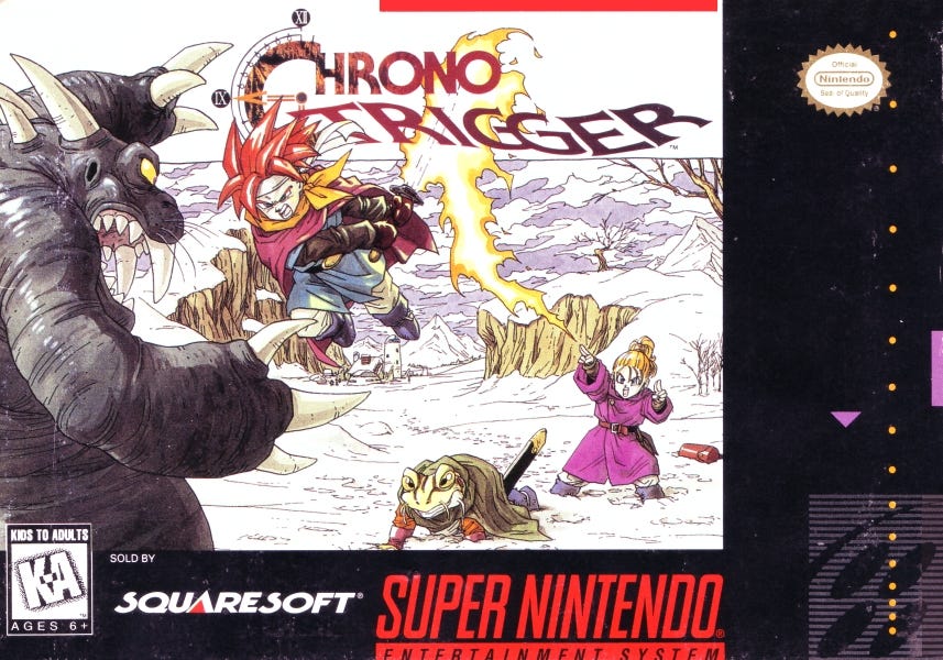 screenshot of the cover of CHRONO TRIGGER, a video game for the Super Nintendo. 