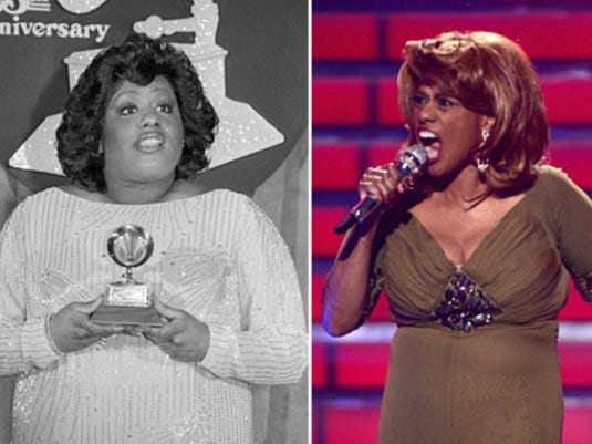 Singer-actress Jennifer Holliday accepts a Grammy in 1983, left, and performs in a guest appearance on TV's "American Idol'' on Wednesday night.