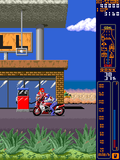 A screenshot of the refueling portion of Rally Bike, with your bike stopped and being fueled up by an attendant. Behind the gas station is a lone racer who is about to pass you, and you'll known when it happens, as the sidebar will update your rank. 