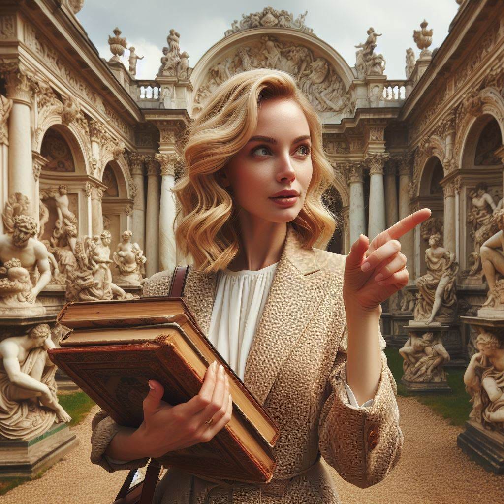 show me a wide shot of an elegant blonde female Professor on sabbatical researching a Renaissance grotto in the style of the grotta grande in the boboli gardens 