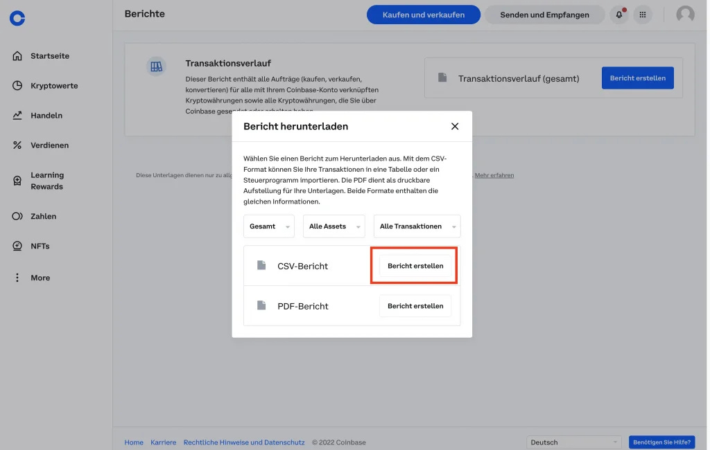 Coinbase CSV Bericht Steuer