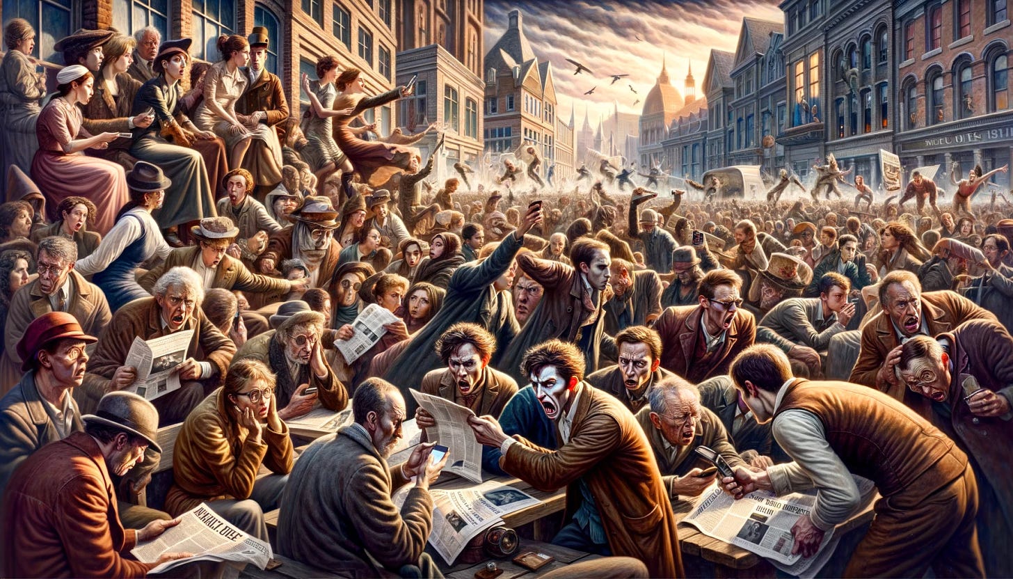 An artistic representation of a moral panic. The scene is bustling and chaotic, with a diverse crowd of people in a public space, such as a town square or market. The individuals exhibit a range of emotions, from fear and anger to confusion and concern. Some people are shown reading newspapers or looking at their phones, seemingly reacting to alarming news. Others are engaged in heated discussions or pointing accusingly at unseen threats. The background should depict a mix of modern and historical elements, suggesting the timelessness of moral panics. The overall atmosphere is tense and dramatic, capturing the essence of a societal overreaction to a perceived threat.
