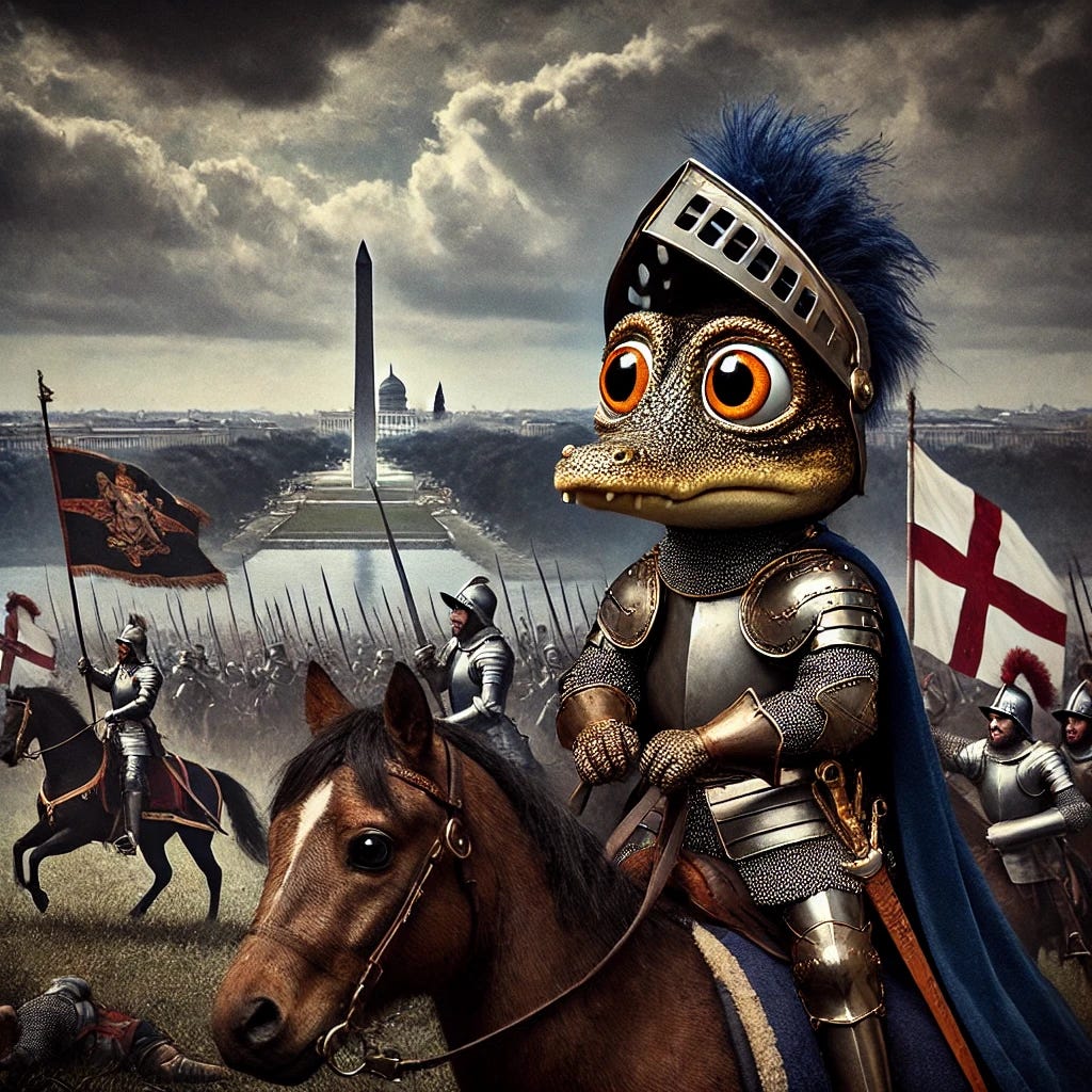 A dramatic image of Croaky, a small, cute anthropomorphic gator, depicted as Richard III at the Battle of Bosworth. He is dressed in medieval armor, mounted on a steed, with a regal yet desperate expression, holding a sword and a banner. The battlefield features historical elements like knights and banners but subtly transitions into a modern background where Washington, D.C., is visible with landmarks like the Capitol building and Washington Monument faintly outlined in the distance. The scene captures a blend of medieval and modern, with stormy skies adding drama to the moment.