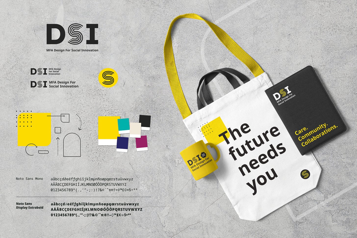 Aerial view of totebag, black book, and yellow mug. Left side shows the elements of DSI visual identity.