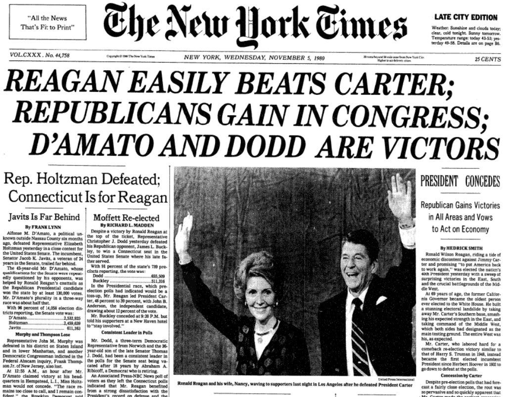 New York Times OTD on X: "The front page #OTD in 1980. Reagan easily beats  Carter. #nytimes https://t.co/DkER3rFcs0" / X