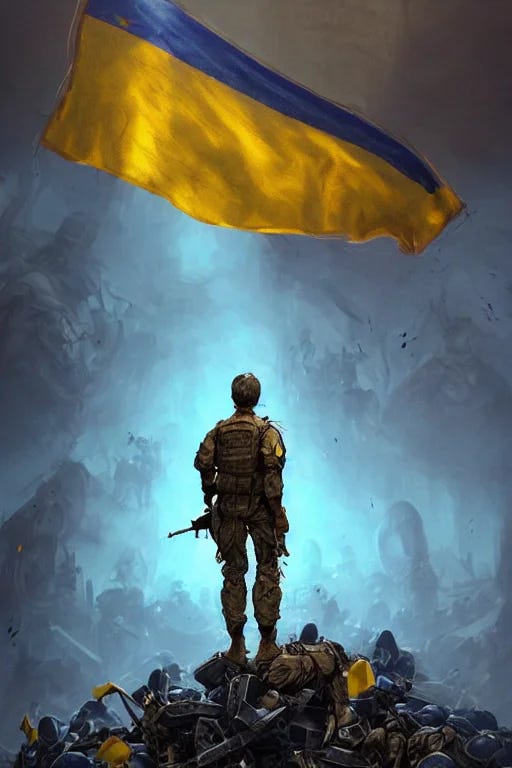 Ukrainian soldier standing in victory