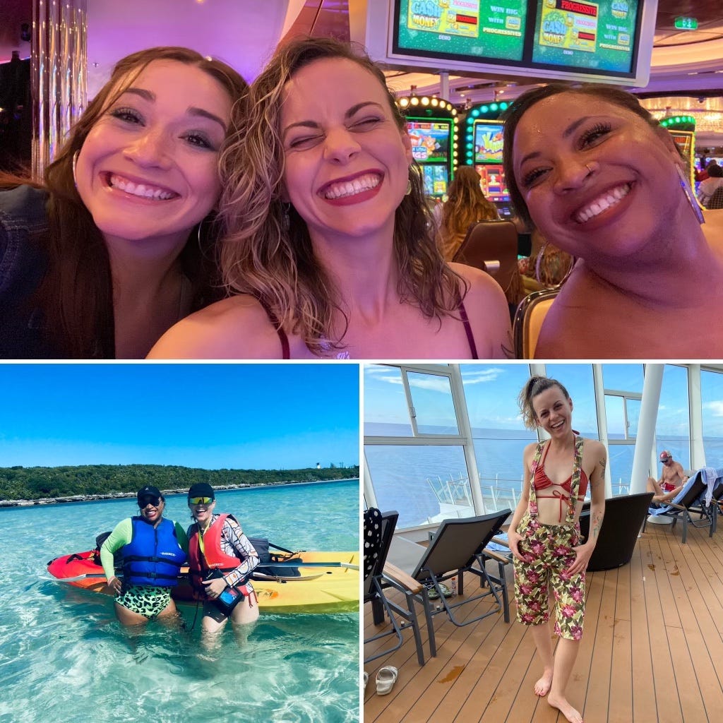 3 Photos 1) Leah and friends smiling in a cruise casino 2) Leah and friend with a kayak in the ocean 3) Leah posing on the cruise deck