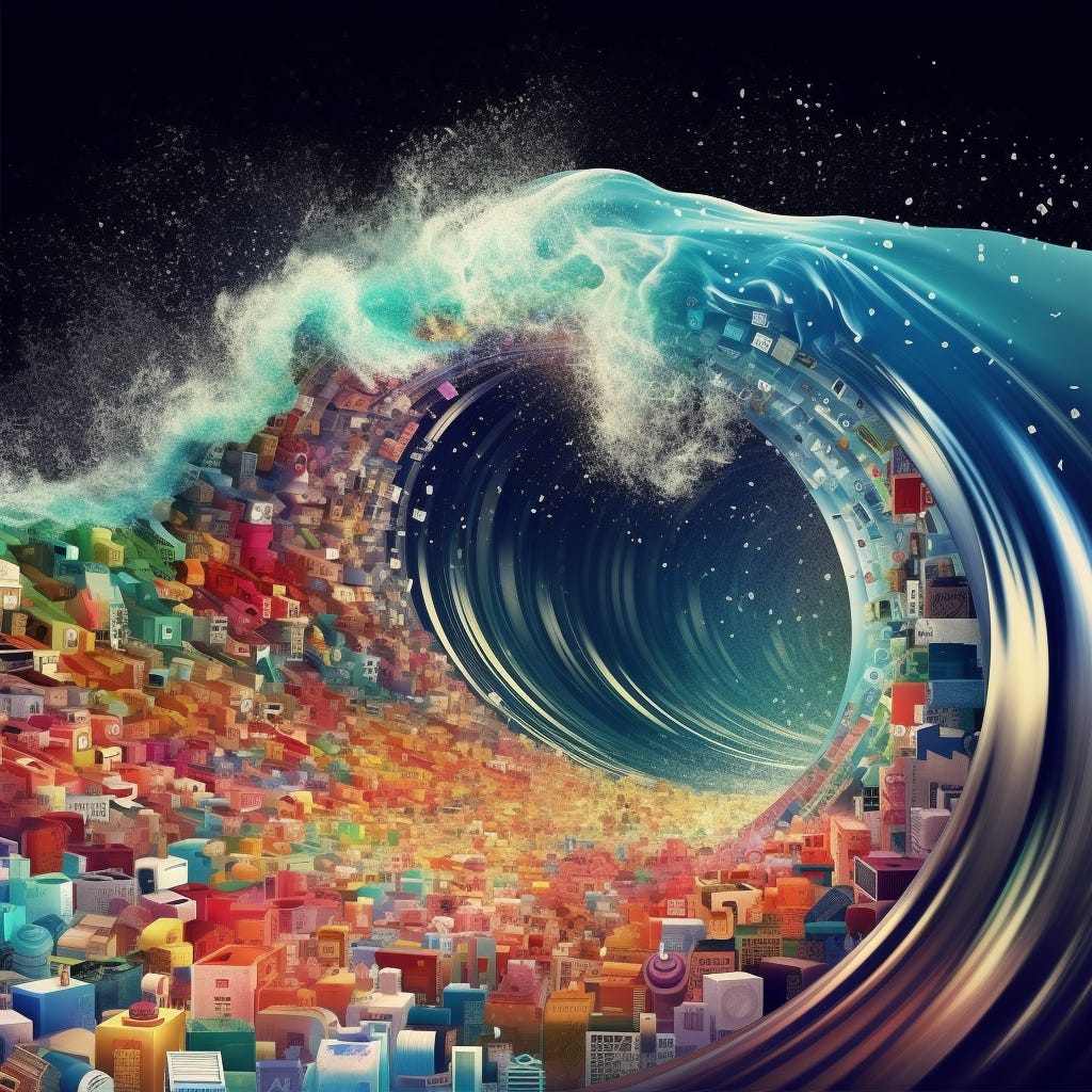 contents wave in the internet, many famous apps icons and logos of startups or big company are on the wave, futuristic