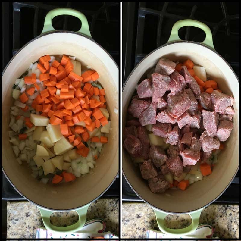 Add the vegetables and beef Add the vegetables and beef