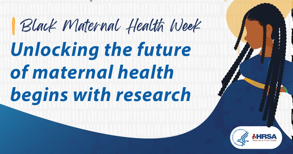 An illustration of a Black pregnant person. Text reads, "Black Maternal Health Week. Unlocking the future of maternal health begins with research."